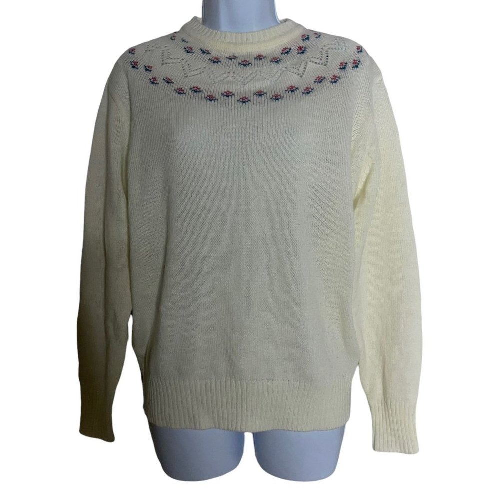 Vintage Helen Harper Cream Floral Acrylic 1970's Pullover Sweater EU 42 US M